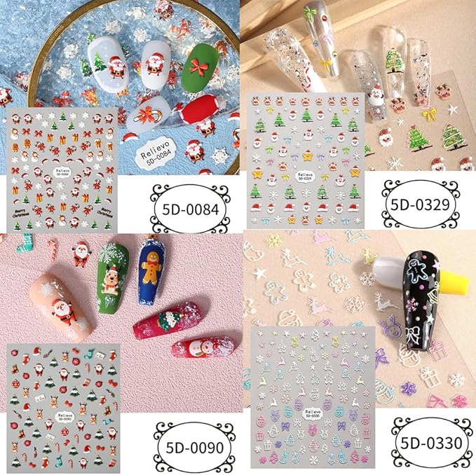 5 SheetsChristmas Nail Stickers for Nail Art, 5D Embossed Self-Adhesive Trees Nail Decals, Mushroom Nail Supplies Nail Art Design Accessories for Women and Girls Manicure DIY Decoration