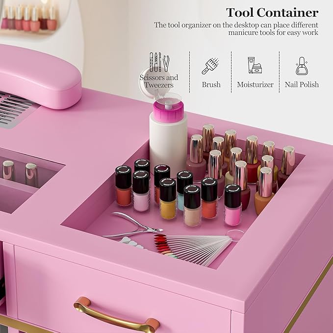 Nail Tech Table with Dust Collector, Glass Top Manicure Table Nail Desk Station w/7 Drawers & 3-Tiers Open Shelves, Nail Beauty Workstation w/Wrist Cushion & Golden Handles(Pink-New)