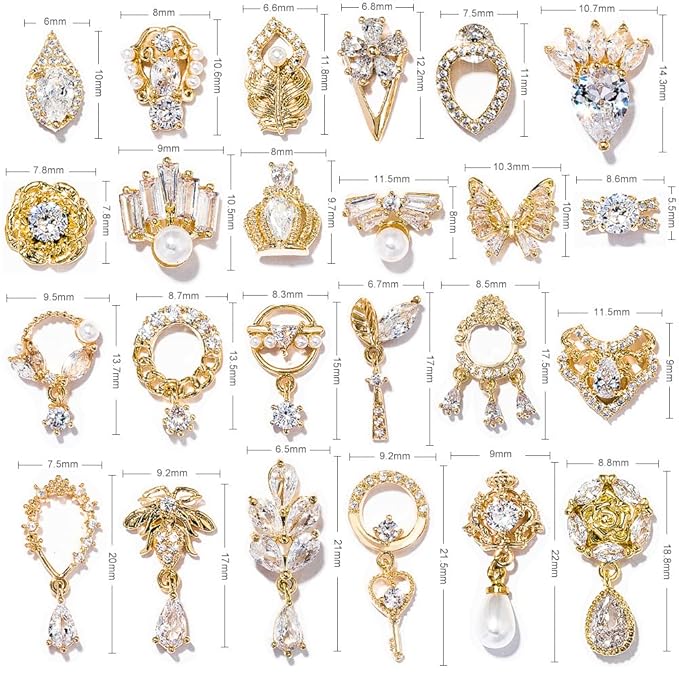 HNUIX Nail Charms and Gems - Gold Copper Zircon, Multiple Shapes 3D Dangle, Metal Jewelry Rhinestones for Nails 24 Pieces
