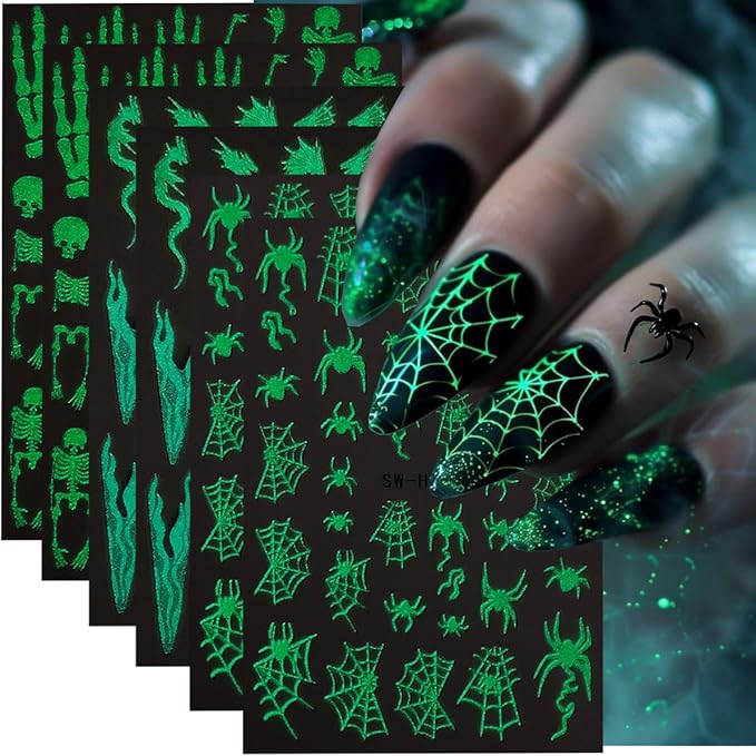 Halloween Luminous Nail Art Stickers Spider Web Skeleton Nail Deals 6PCS 3D Self-Adhesive Fantasy Bone Spider Dragon Glow in The Dark Design Halloween Nail Stickers for Women DIY Nail Art Decorations