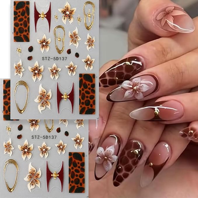 Flower Nail Art Stickers 5D Yellow Brown Flowers Nail Decals 2Pcs Leopard Print Nail Art Supplies Floral Gold Frame Star Autumn Nail Stickers French Sliders for Women Thanksgiving Nail Decorations
