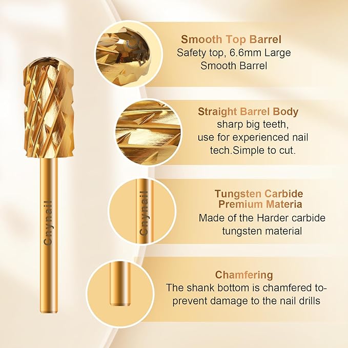 3/32" Large Barrel Smooth Round Top Tungsten Carbide Nail Drill Bit Safety Bit for Gel & Acrylic Removal, Right-Way Rotating Efile Tip, Salon Electric File Accessory (5XC Grit, Gold)