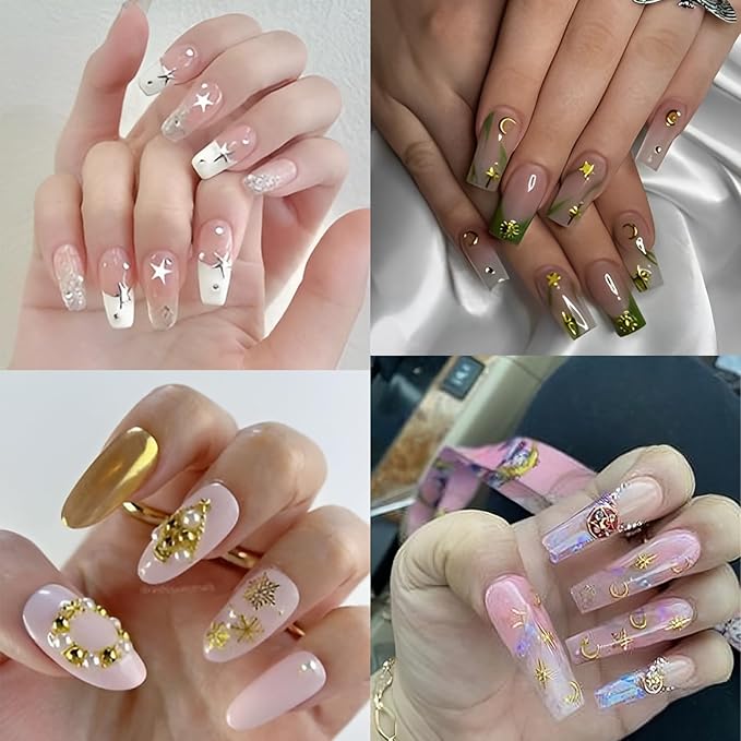 400Pcs Star Moon Nail Charms 3D Gold Silver Metallic Cross Star Nail Art Charms Star Nail Jewelry Decorations Manicure Kit Nails Art Supplies Accessories for Women Girls Acrylic Nails Decor