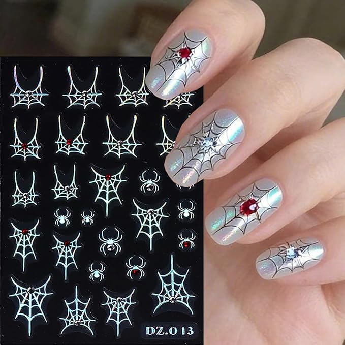 6 Sheets Halloween Scary Nail Stickers Gold Laser Silver White Nail Art Stickers Decals 3D Self-Adhesive Spider Web Bow Nail Decals for Women Halloween Party Nails Design Decoration Supplies