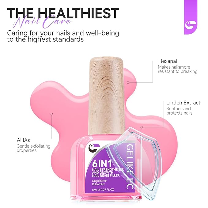 Nail Polish Strengthener and Growth Treatment: Pink Gelike EC 6 in 1 Natural Nail Hardener Extra Strong and Growth - Long Lasting Nail Repair for Damaged Nails - For Daily Work Home Salon