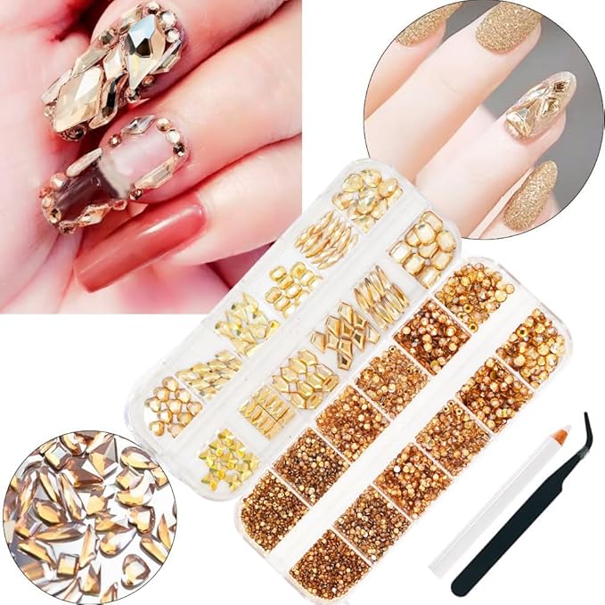 3600Pcs Champagne Gold Nail Rhinestones, MultiShapes Flatback Crystal Gems Stones, 1.5-4mm Half-Round Bedazzling Beads, Glass Diamond Jewels for DIY Nails Bling Decoration