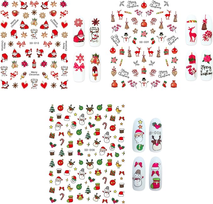 HNUIX Nail Stickers - 3D Christmas, Self Adhesive Nail Decals, Multi Colour, Snowman, Deer, Bells, 10 Sheets, for Nail Art