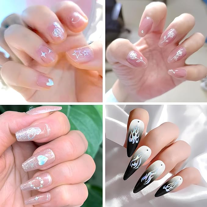 30 Sheets Aurora Flower Nail Art Stickers 3D Self Adhesive Flower Nail Stickers Aurora Moon Star Nail Decals Leaf Heart Nails Art Supplies Charms for Women Manicure Tips Decoration