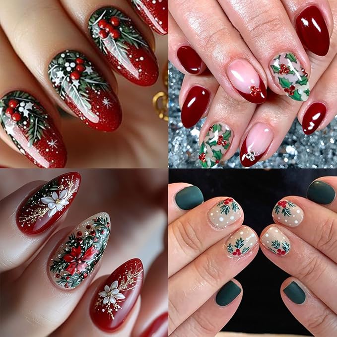 2 Sheets Christmas Nail Stickers for Nail Art 5D Embossed Flower Nail Art Stickers with Snowflake Bow Cherry Leaf Design Winter Nail Decals Nail Art Supplies for Women Acrylic Manicure Decorations