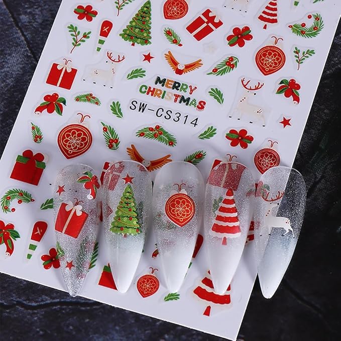 6Pcs Christmas Nail Stickers Gift Box Lollipop Christmas Berry Nail Decals DIY Self Adhesive Santa Claus Socks Cute Design Nail Decoration Supplies Holiday Manicure Accessories for Women Girls