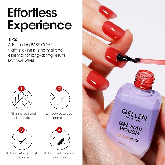 Gellen Red Gel Nail Polish Jelly Gel Polish 18ML 1Pc Sheer Red Nail Gel Polish Nail Lamp Soak off Classic Translucent Nail Polish Salon DIY Nail Art Manicure at Home Holiday Gift for Women, 0.61 Fl Oz