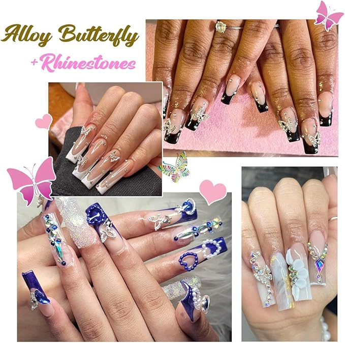 Silver Butterfly Nail Charms, 40pcs 3D Butterfly Charms for Acrylic Nails, 30 Butterflies Nail Rhinestones Gems Charms +10 Nail Alloy Studs, Nail Art Jewels Diamonds Gems Decor Supplies for Nails DIY