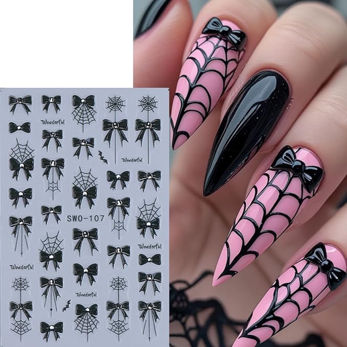 4Sheets Halloween Nail Art Stickers 5D Self Adhesive Black Red Bow Nail Decals with Drill Blood Drop Spider Web Nail Stickers Halloween Gothic Design Holiday Nail Decoration Accessories for Women