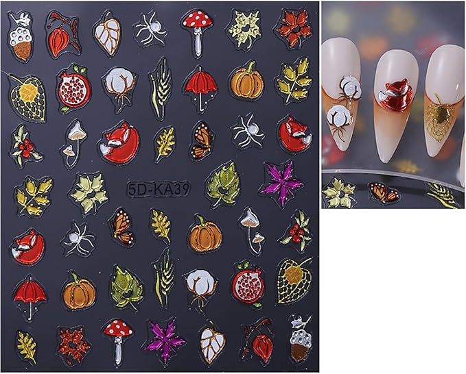 Fall Nail Art Stickers Autumn Maple Leaf Pumpkin pineal Mushroom Design Nail Decals 5D Embossed Self-Adhesive Fall Nails Stickers Thanksgiving Day Nails Art Supplies for Women DIY Manicure Decor