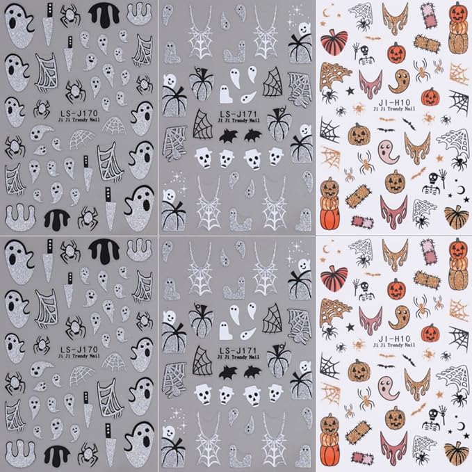 6 Sheets Cute Halloween Nail Art Stickers Evil Pumpkin Ghost Nail Stickers 3D Self-Adhesive Goth Skeleton Spider Web Bat Nail Decals Gothic Halloween Nail Decorations for Acrylic Nail Supplies
