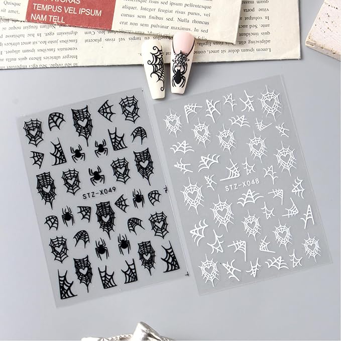 5 Sheets Halloween Nails Stickers Spider Wed Nails Art Stickers 3D Self-Adhesive Supplies Nail Decal with Spider Bat Love Design Nail Sticker for Nail Art Women's DIY Decoration