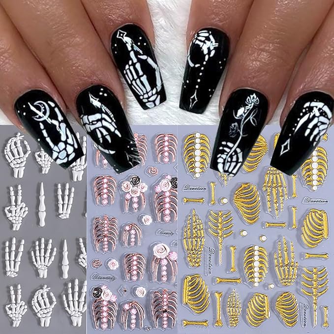 3 Sheets Halloween 5d Embossed Skeleton Nail Stickers for Nail Art Rose Flower Skeleton Nail Decals Self-Adhesive Pink Gold Nail Design Stickers Holiday Nail Art Supplies for Women Acrylic Nails