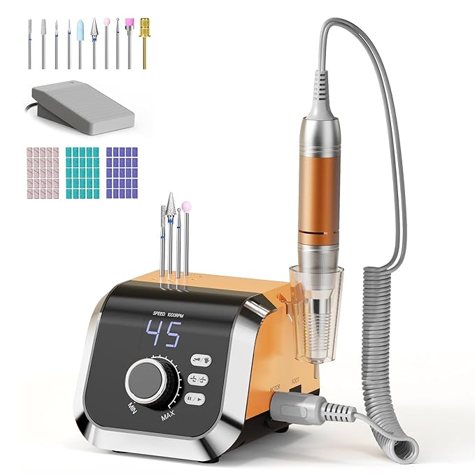 Professional Nail Drill with Foot Pedal, Nail E File 45000 RPM Speed, Electric Nail Filer for Acrylic Nails, F/R Rotation, 65W Power, Quite Nail Drill Machine for Women Orange