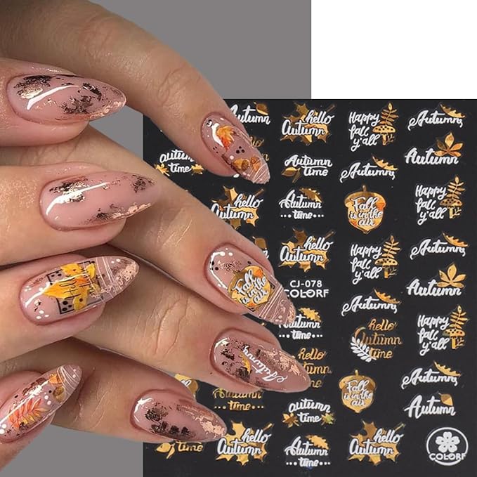 9 Sheets Autumn Nail Stickers Maple Leaf Nail Decals 3D Self Adhesive Nail Art Stickers Bronzing Laser Gold Alphabet Design Fall Thanksgiving Sticker for Nail for Women Manicure Supplies
