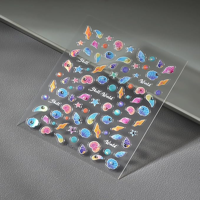 Ocean Nail Art Stickers Summer Nail Art Decals Marine Life Nail Stickers Starfish Seashell Nail Design Stickers with Pearl Rhinestone 5D Embossed Nail Decals Sea Nail Art Supplies for Women Manicure
