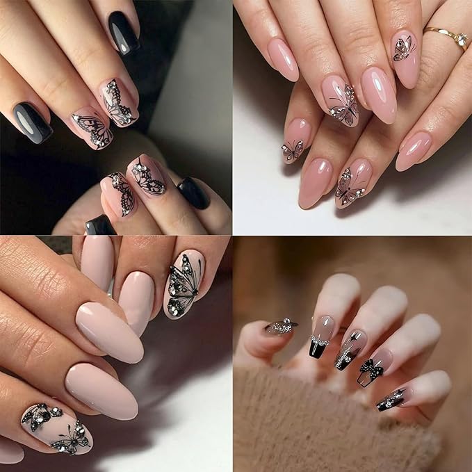6 Sheets Butterfly Nail Art Stickers Decals 3D Self-Adhesive Holographic Aurora Black and White Butterfly Nail Design Stickers Women DIY Nail Art Decoration