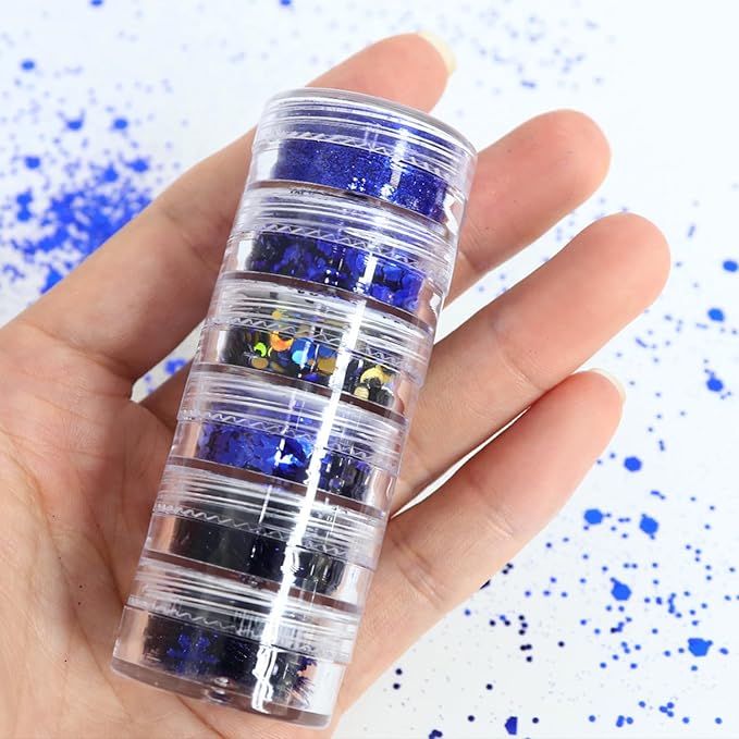 Snowflake Nail Art Glitter Blue Winter Nail Sequins Flakes, Blue Manicure fine Glitter Powder, 3D Holographic Heart Round Hexagon Butterfly Nail Stickers Decals Supplies Nail Charms for Women 6 Box