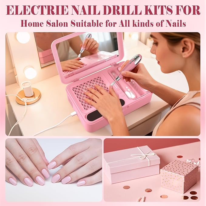 Nail Dust Collector and Cordless Electric Nail Drill File Kit, Professional Portable Manicure Pedicure, 13 Bits, HPro Powerful Dust Suction Machine for Home Salon - Pink