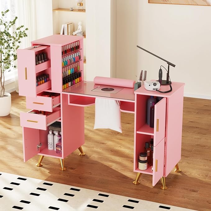 Manicure Table Nail Desk with Glass Top & Wrist Rest, Nail Station with Dust Collector & 4 Dust Bags, Beauty Salon Workstation with Storage Drawers & Cabinet (Pink)