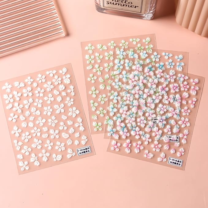 5D Embossed Flowers Nail Stickers for Nail Art Designs,4 Sheets Spring Cherry Blossom Floral Petals Self-Adhesive Nail Decals,Holographic Sakura Foils Sticker for Nail Decoration Manicure Supplies