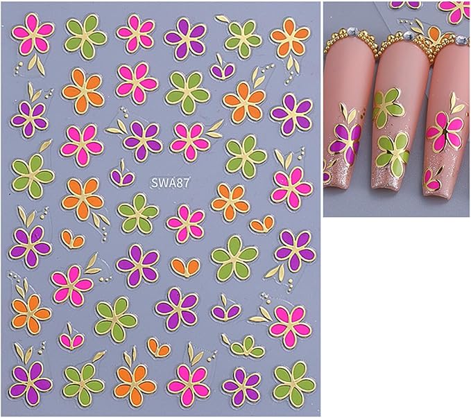 6 Sheets Flower Nail Stickers 3D Self-Adhesive Spring Floral Line Nail Decals for Acrylic Nails, Blue Pink White Flower Nail Art Stickers for Women DIY Nail Art Decoration Supplies