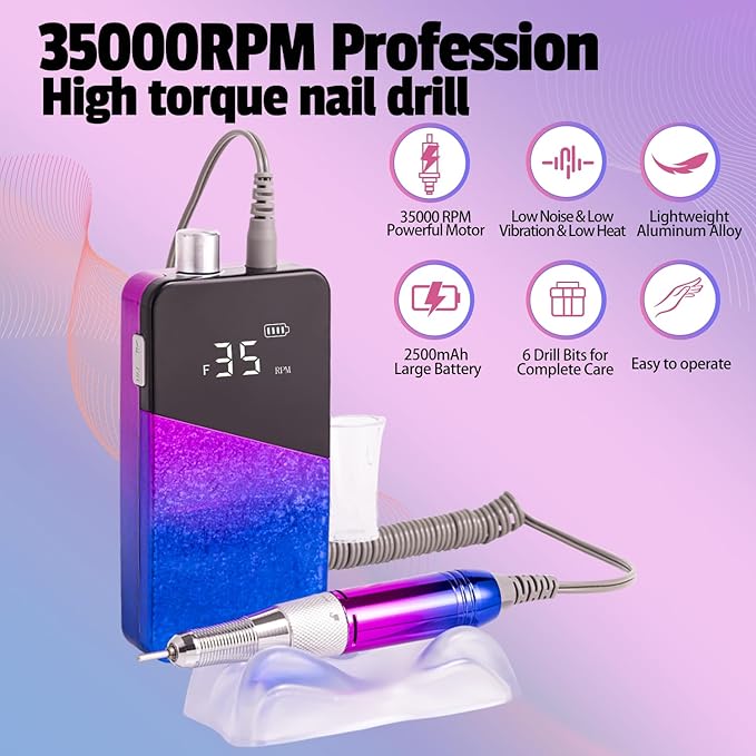 Electric Nail Drill Machine 35000RPM Professional Portable Nail File Cordless Rechargeable Nail Efile for Acrylic Gel Nails Manicure Pedicure Polishing Shape Tools for Salon Home Use Nail Drill(Blue)