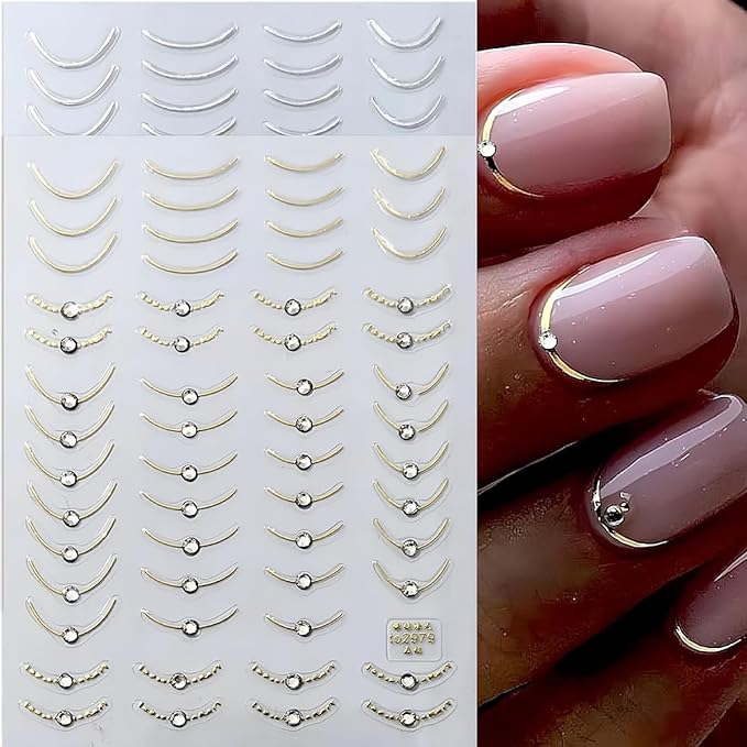 French Tip Nail Stickers for Nail Art, 3D Self-Adhesive Gold Silver French Tip Line with Crystal Diamond Nail Art Design Decals French Nail Sticker for Acrylic Manicure DIY Nail Art Accessories