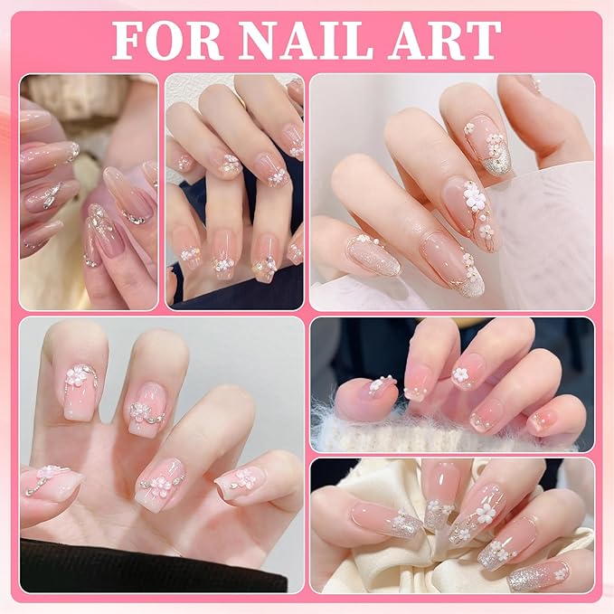 4 Boxes 3D Flower Nail Charms and Gems - Pink/White Nail Flower & Bow Charms Crystal AB Clear Gemstones Silver/Gold Caviar Beads White/AB Pearls for Women DIY Manicure Crafts (20-S4-PinkWhite)