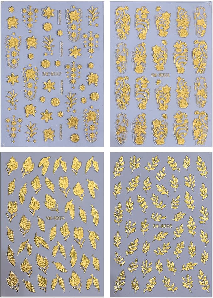 Fall Maple Leaves Nail Art Stickers for Thanksgiving, Gold Maple Leaves Nail Decals 3D Self-Adhesive with Gold Flowers Leaf Design 4Pcs Fall Glitter Nail Art Supplies for Women Nail Decoration