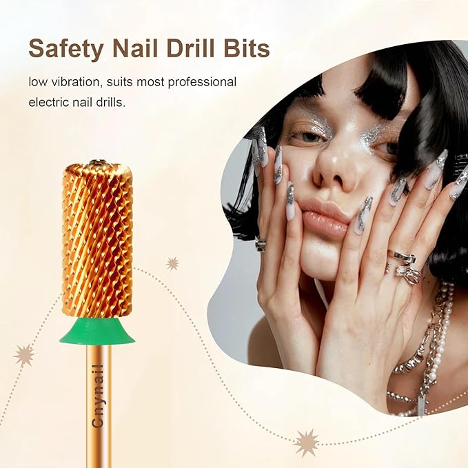 3/32" Large Barrel Crystal Top Tungsten Carbide Nail Drill Bit Safety Bit for Gel & Acrylic Removal, 2-Way Rotating Efile Tip, Salon Electric File Accessory (C Grit, Ti-Gold)