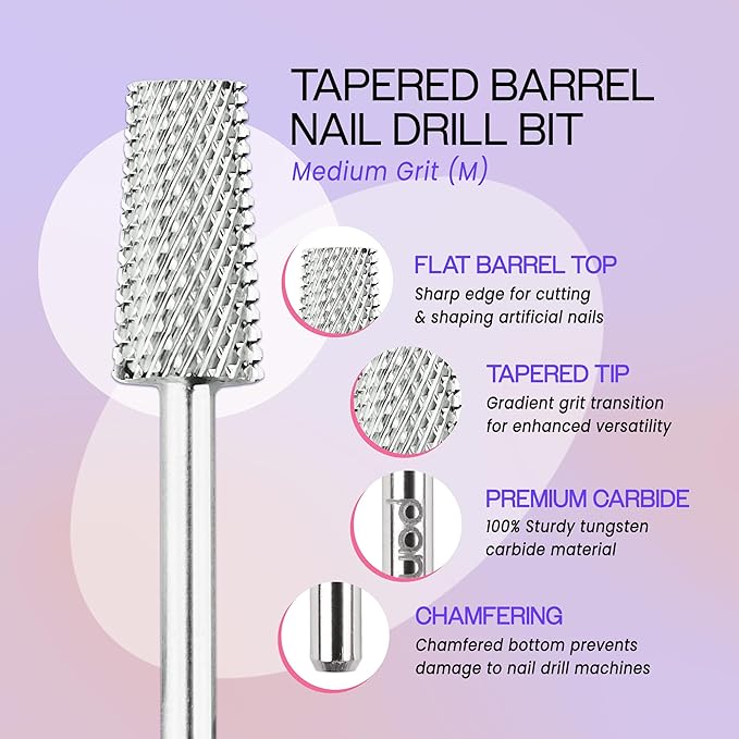 PANA Tapered Barrel Carbide 3/32" Shank Size - (Silver, Medium Grit) - Fast remove Acrylic or Hard Gel Nail Drill Bit for Manicure Pedicure Salon Professional or Beginner