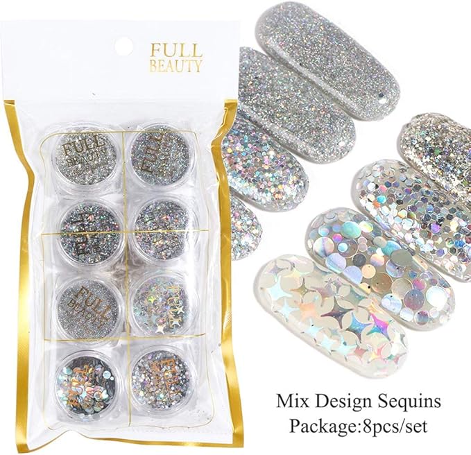 Holographic Nail Art Glitters Sequins 3D Flakes Supplies - Shiny Silver Acrylic Powder Dust Confetti Sparkle for Decoration Manicure Accessories - 8 Boxes