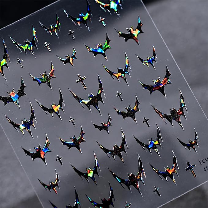 3 Sheets Halloween Nail Stickers for Nail Art 3D Bat Nail Art Stickers Silver Red Black Glitter with French Tip Design Sticker Horror Gothic Nail Decals for Women Acrylic Nails Decoration