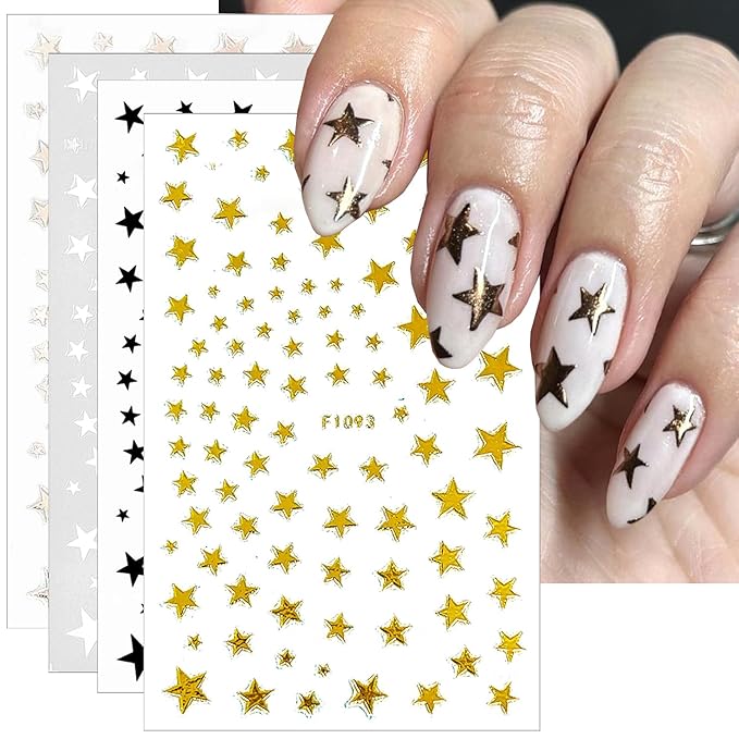 8Pcs Star Nail Stickers for Nail Art, 4 Color Star Nail Decals 3D Glitter Shiny Gold Silver White Black Stars Nail Designs Foil Transfer Sticker Pentagram Tip Slider DIY Manicure Decor Supplies