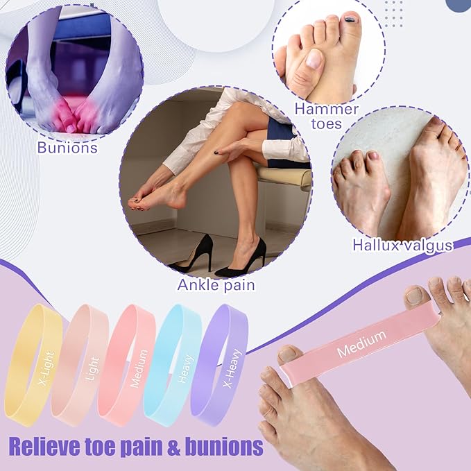 Set of 5 Toe Stretcher Bands for Bunions Correction Foot Big Toe Spacers Resistance Straightener Loop Bands with Carry Bag for Women Men Hallux Valgus Alignment Yoga Exercise (Pastel)