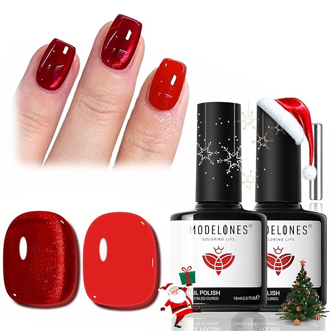 modelones Red Cat Eye Gel Nail Polish Set, 2PCS 15 ML Magnetic Glitter Holographic Red Ruby Glass Polish Reflective Jelly Translucent UV Gel Manicure Art DIY Salon Christmas Gift for Girl Women