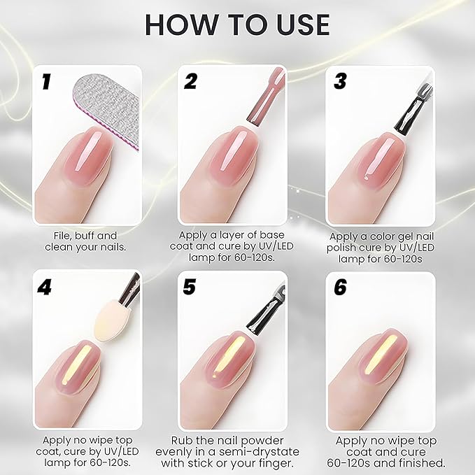 White Pearl Chrome Nails Powder 6 Colors Moonlight Chrome Nail Powders Kit Glitter Dust Pearlescent Mirror Effect Nail Art Pigment Mermaid Pearl White Pink Yellow DIY Manicure Pigments