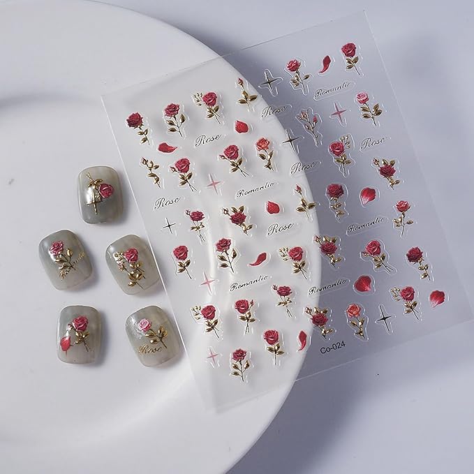 5D Embossed Rose Nail Stickers Flower Nail Art Sticker Valentine's Nail Art Supplies Spring Rose Flower Retro Gold Design Floral Nail Adhesive Sticker for Women Manicure Decoration Accessories