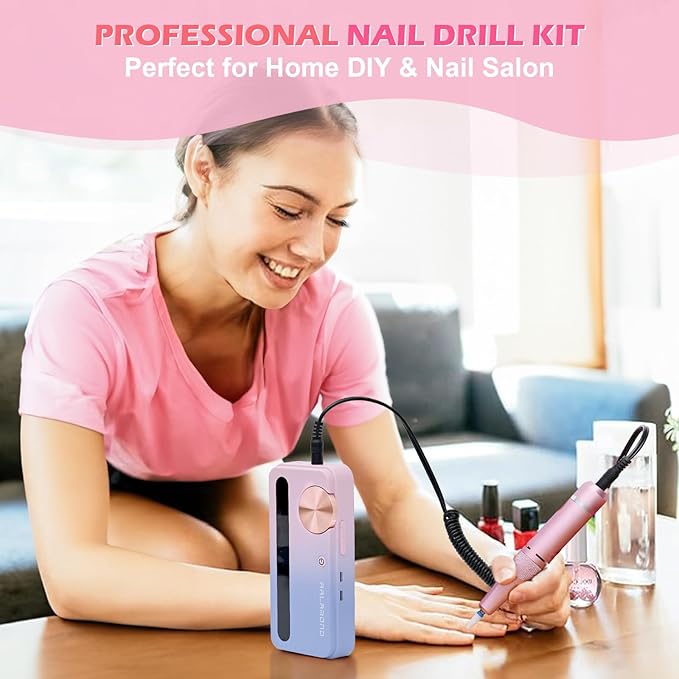 Nail Drill Professional, 35000 RPM Cordless for Acrylic Nails, Electric Nail Drill Machine with Bits, Portable Rechargeable Nail File Manicure for Salon & Home (Multicolor)