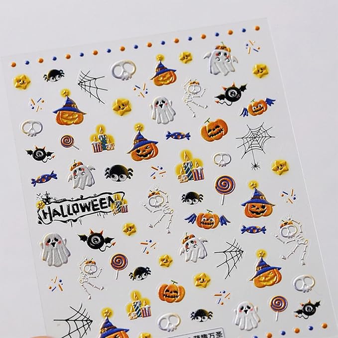 Halloween Nail Stickers Pumpkin Nail Decals Ghost Spider Design Manicure Art 5D Embossed Nails Decorations Holiday Self Adhesive Nails Supplies for Women