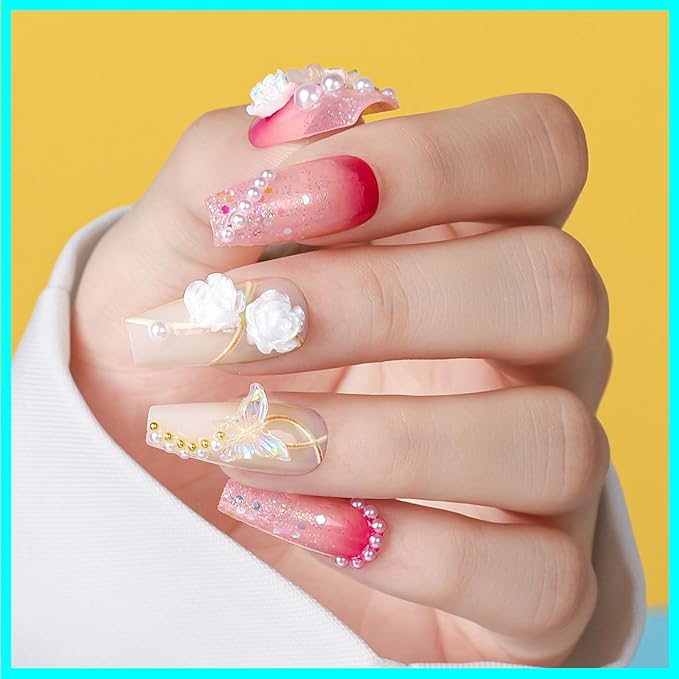 Teenitor Nail Charms and Gems Nail Art Tools, 3 Box 3D Flower Nail Charms for Nails Design Tools, Nail Pearls Nails Supplies, Butterfly Bow Nail Charms Nail Decor 3D Nail Art Kit