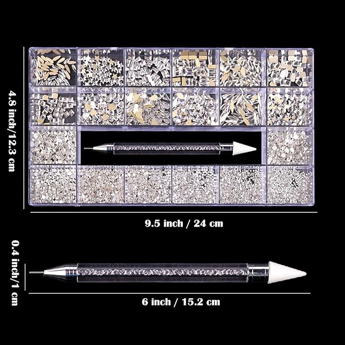 Nail Rhinestones Kit, Nail Art Decorations Flat AB Rhinestones Kit DIY Crafts Gemstones for Nail, Shoes, Clothes, Jewels (600 Iridescent Diamonds + 2500 Flat Rhinestone)