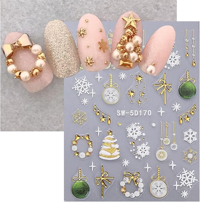 2 Sheets Christmas 5D Embossed Nail Art Stickers for Xmas Trees, Gift, Snowman Nail Decals with Gold, Silver Ball, Reindeer, Elk Designs for Women, Cute Winter Stickers