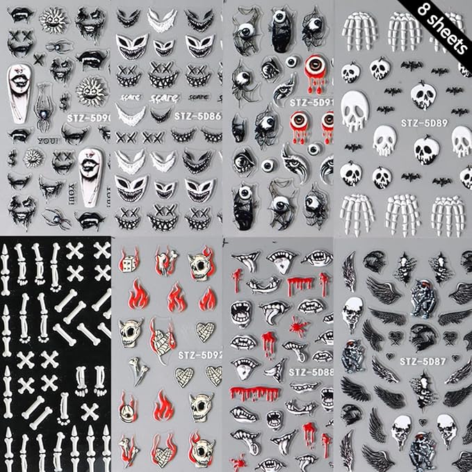 8 Sheets Halloween Nail Stickers for Nail Art 5D Self-Adhesive Gothic Bat Skeleton Spider Nail Decals Black White Claw Nail Design Stickers Halloween Nail Art Supplies for Women DIY Manicure Tip