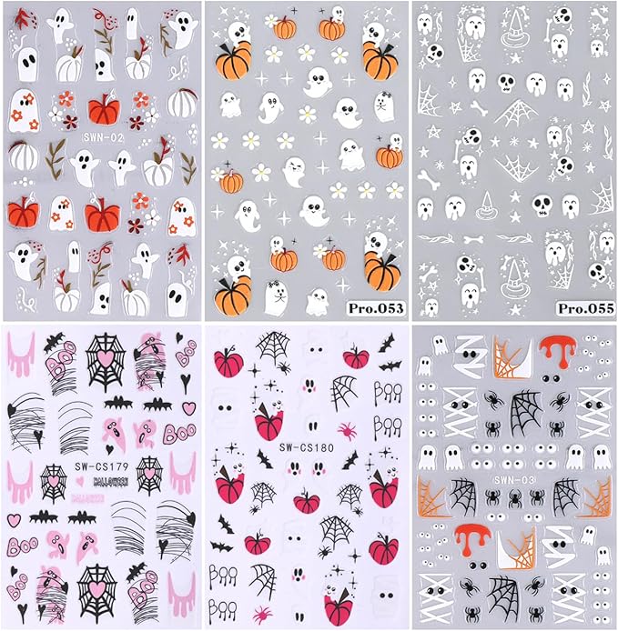 6 Sheets Halloween Nail Art Stickers,3D Cute Nail Decals White Ghost DIY Nail Tips Sticker for Halloween Party, Skull Pumpkin Star Ghost Bat Spider Web Self-Adhesive Designs Manicure Decorations